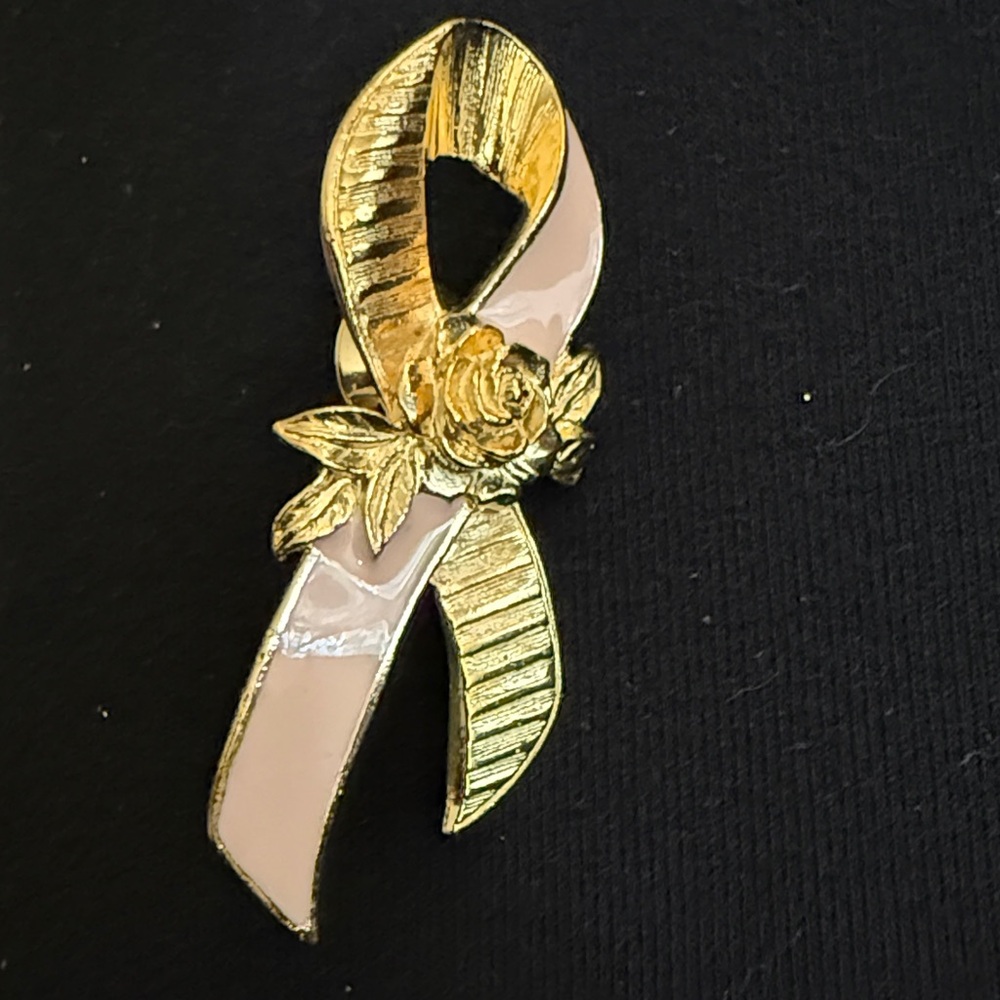 Avon Gold and Pink Ribbon Brooch